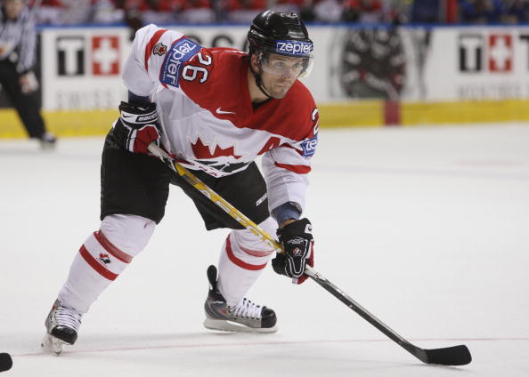 Martin St. Louis #26 of Canada gets set for play against Sweden during the Semifinal round of the International Ice Hockey Federation World Championship at the Colisee Pepsi on May 16, 2008 in Quebec City.