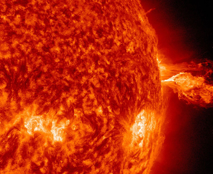 A flare erupts from the surface of the sun on Feb. 17, 2014.