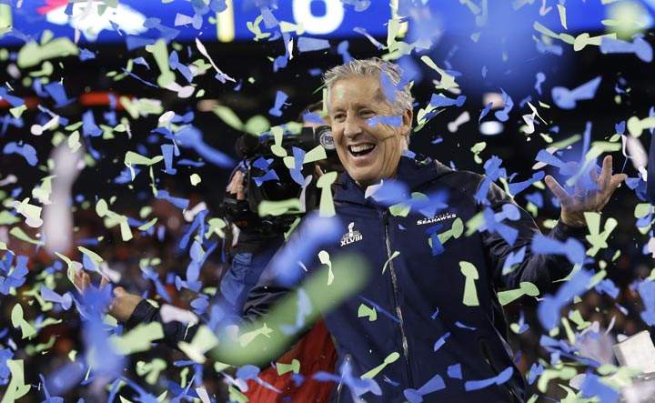Seattle Seahawks head coach Pete Carroll celebrates after the NFL Super Bowl XLVIII football game against the Denver Broncos Sunday, Feb. 2, 2014, in East Rutherford, N.J. The Seahawks won 43-8. (AP Photo/Ted S. Warren)