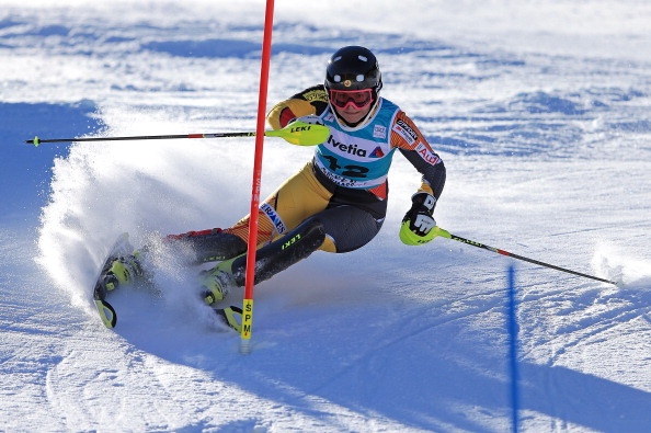 Elli Terwiel of Canada skis the first run of the women's slalom at the Nature Valley Aspen Winternational Audi FIS Ski World Cup at Aspen Mountain on November 25, 2012 in Aspen, Colorado. 