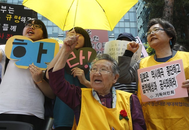 FILE - In this Wednesday, May 15, 2013 file photo, former South Korean comfort woman Kil Un-ock, center, who was forced to serve for the Japanese troops as a sexual slave during World War II, shouts slogans during a rally against the recent comment of Osaka Mayor Toru Hashimoto in front of Japanese Embassy in Seoul, South Korea.