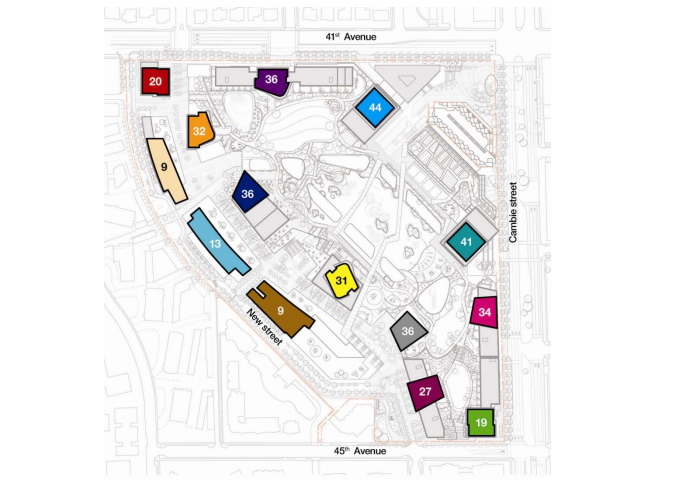 The heights and locations of the towers planned in the redevelopment of Oakridge Centre.