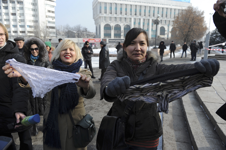 This photo taken on Sunday, Feb. 16, 2014, shows women during a protest against the ban of lace underwear  in Almaty, Kazakhstan.