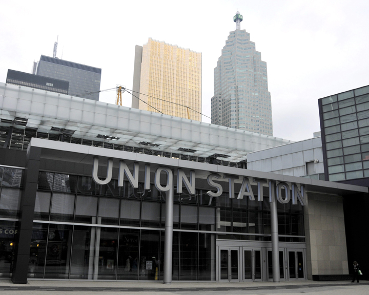 Union Station entrance on Bremner Street next to the Air Canada Cantre on a cloudy day. November 9, 2012.