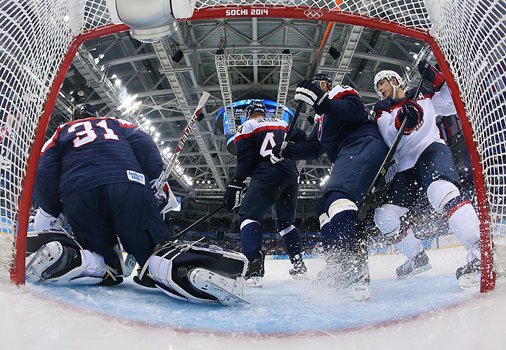 Peter Budaj #31 of Slovakia tends goal against United States during the Men's Ice Hockey Preliminary Round Group A game on day six of the Sochi 2014 Winter Olympics at Shayba Arena on February 13, 2014 in Sochi, Russia.