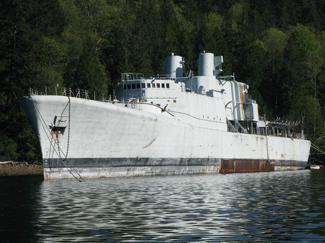 HMCS Annapolis, a retired five-decade-old destroyer escort vessel stripped of its weapons, rests at Howe Sound. 