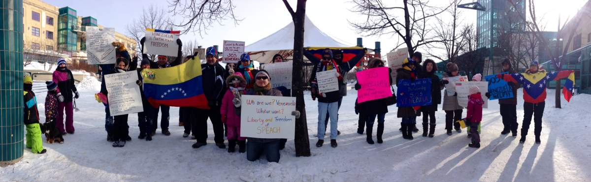 Protesters gather at The Forks to support Venezuela .