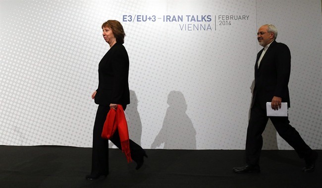 European Union High Representative Catherine Ashton, left, and Iranian Foreign Minister Mohammad Javad Zarif arrive for a press statement after closed-door nuclear talks in Vienna, Austria, Thursday, Feb. 20, 2014. Iran and six world powers on Thursday announced that they have agreed on a plan meant to produce a comprehensive deal that reduces concerns about Tehran's nuclear ambitions. Officials of both sides described their plans as "very productive." .