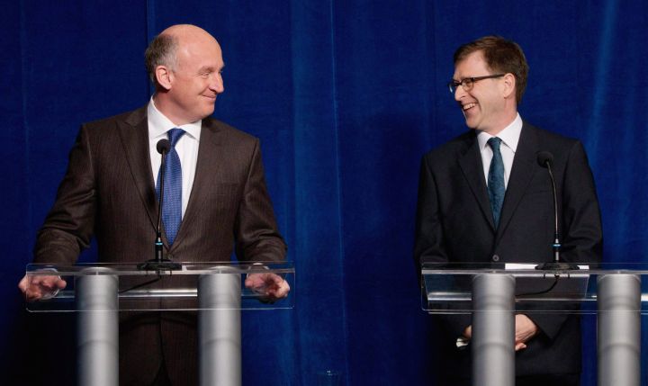 British Columbia NDP leadership candidates Mike Farnworth, left, and Adrian Dix share a laugh before the taping of a television debate in Vancouver, B.C., on Saturday April 9, 2011. The party will elect a new leader on April 17 to replace Carole James who stepped down in December following a caucus revolt. THE CANADIAN PRESS/Darryl Dyck.