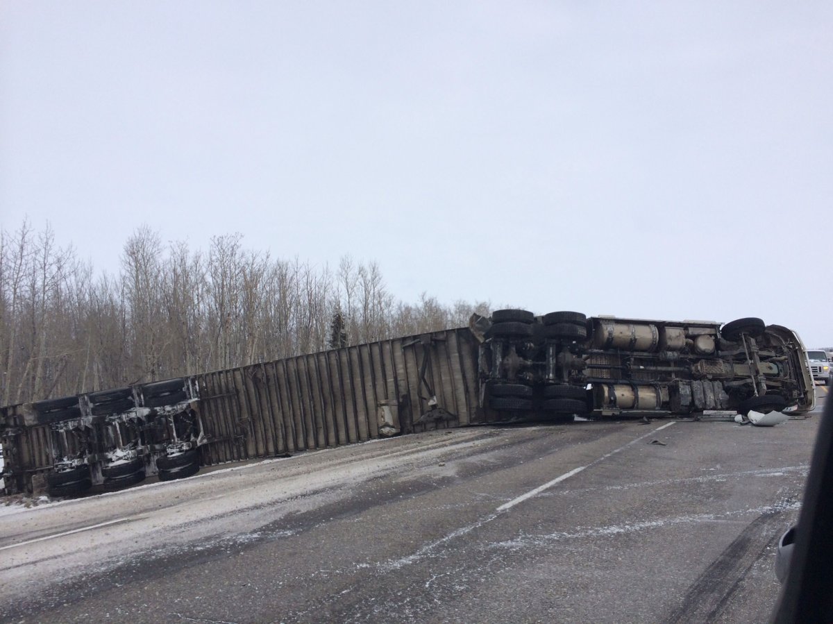 A semi rollover closed part of Hwy 2 near Ponoka on Monday, March 31, 2014.
