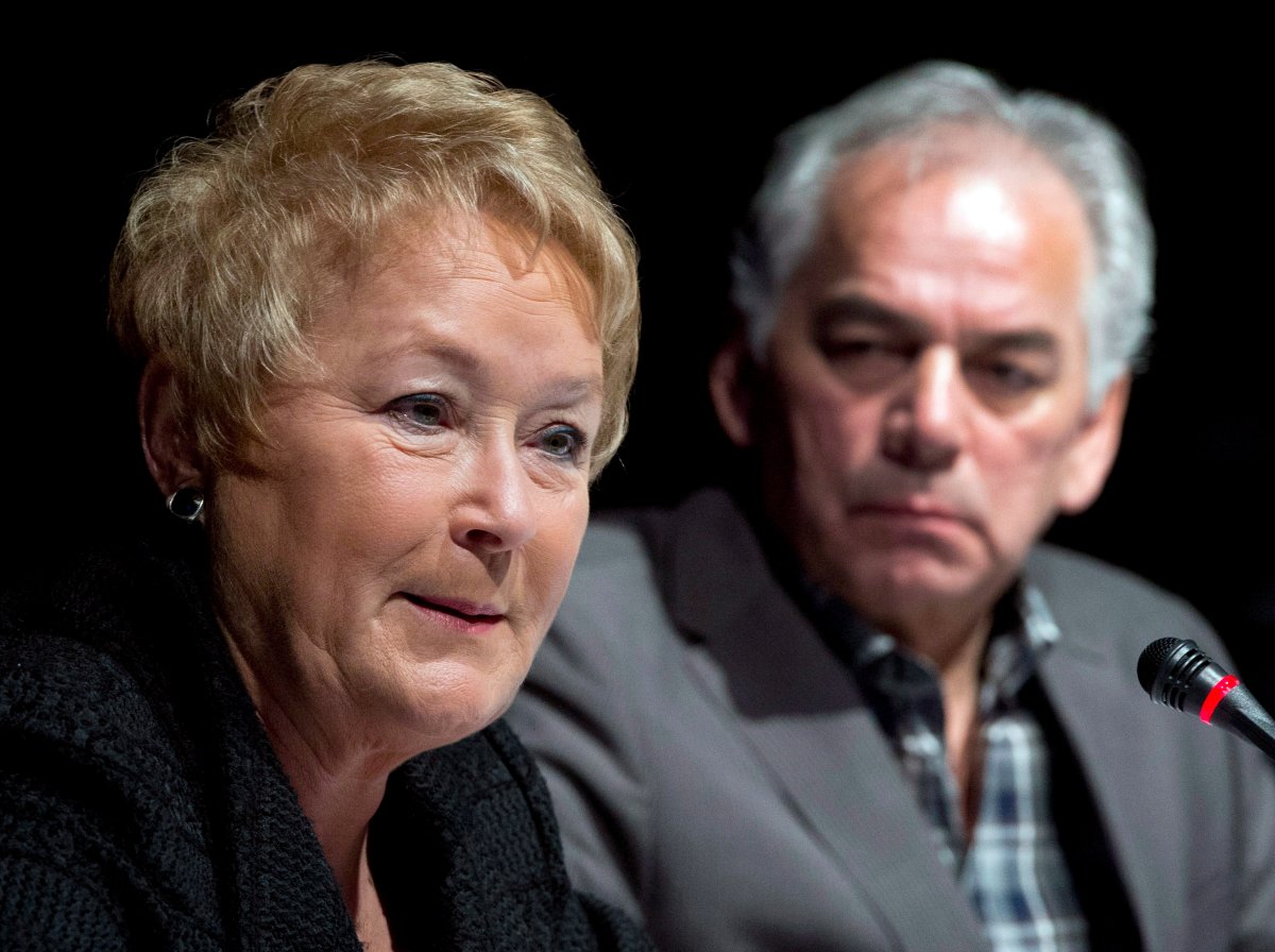 Quebec Premier Pauline Marois addresses a meeting of Quebec First Nations as Quebec First Nations Chief Ghislain Picard looks on in Montreal on Monday, December 3, 2012.