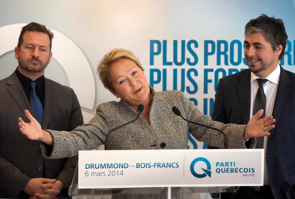 Parti Quebecois leader Pauline Marois  at news conference Thursday, in Drummondville, Que. 
