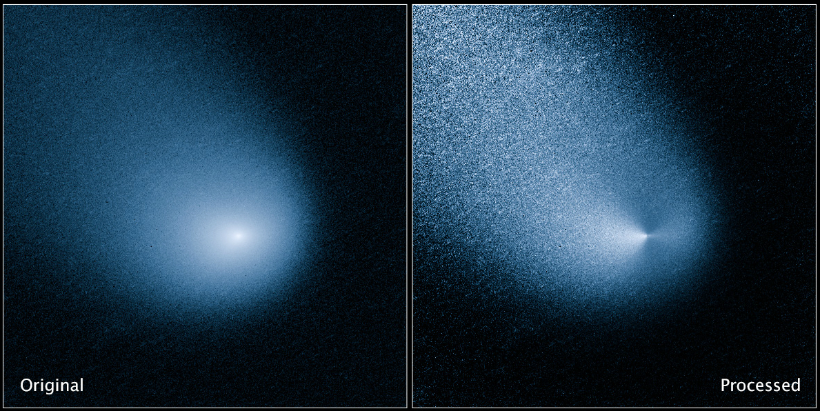 Comet Siding Spring, before and after the image was filtered. The processed imaged revealed the comet's jets.