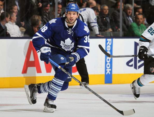 Frazer McLaren #38 of the Toronto Maple Leafs skates against the San Jose Sharks during an NHL game at the Air Canada Centre on December 3, 2013 in Toronto, Ontario, Canada. The Sharks defeated the Leafs 4-2.