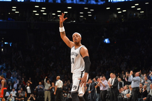Paul Pierce #34 of the Brooklyn Nets gets the crowd pumped up against the Toronto Raptors on March 10, 2014 at the Barclays Center in Brooklyn, New York. (Photo by Jesse D. Garrabrant/NBAE via Getty Images).