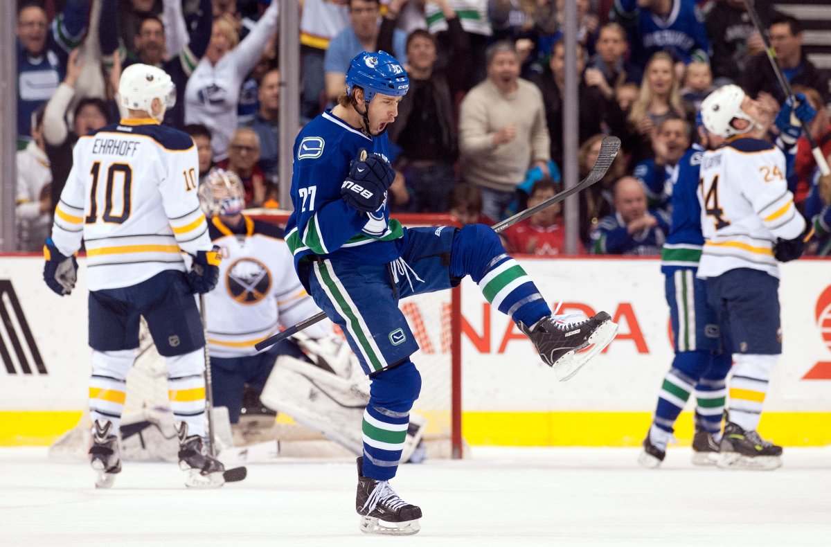 Shawn Matthias #27 of the Vancouver Canucks celebrates after scoring a goal against the Buffalo Sabres.