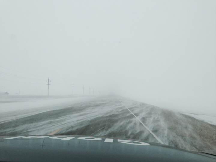 Winter weather has reduced visibility along Highway 59 south of Winnipeg on Monday.