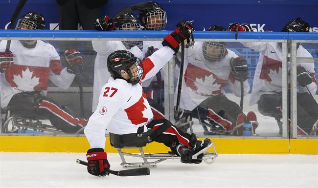 Canada's Brad Bowden celebrates with teammates after Canada's goal during an ice sledge hockey match between Canada and the Czech Republic at the 2014 Winter Paralympics in Sochi, Russia, Tuesday, March 11, 2014. Canada won 1-0.