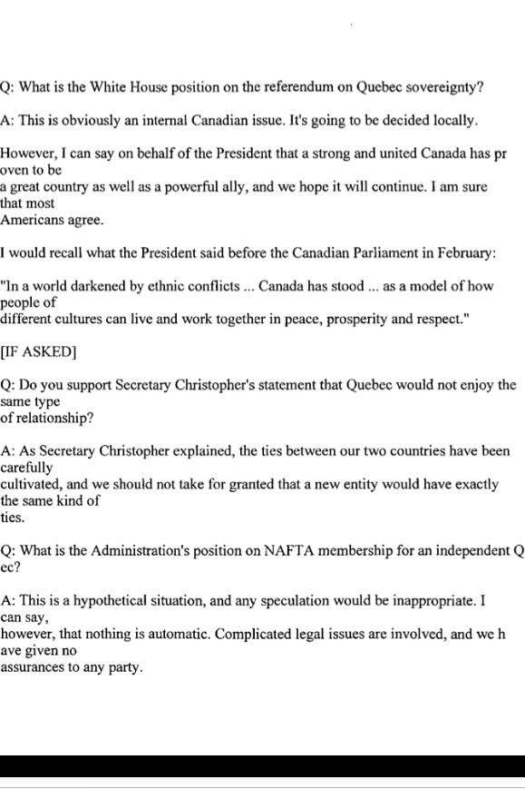 A glimpse of the documents released by the Clinton Presidential Library, including talking points for the U.S. government’s response for Oct. 30, 1995, in the event that Quebec had voted to separate.