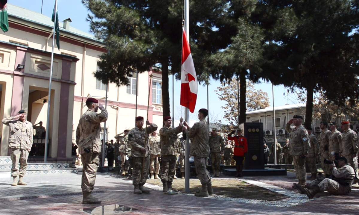 The army has hauled down the Canadian flag for the last time in Kabul, Afghanistan on Wednesday March 12, 2014, bringing an end to 12 years of military involvement in a campaign that cost the lives of 158 soldiers. THE CANADIAN PRESS/Murray Brewster.