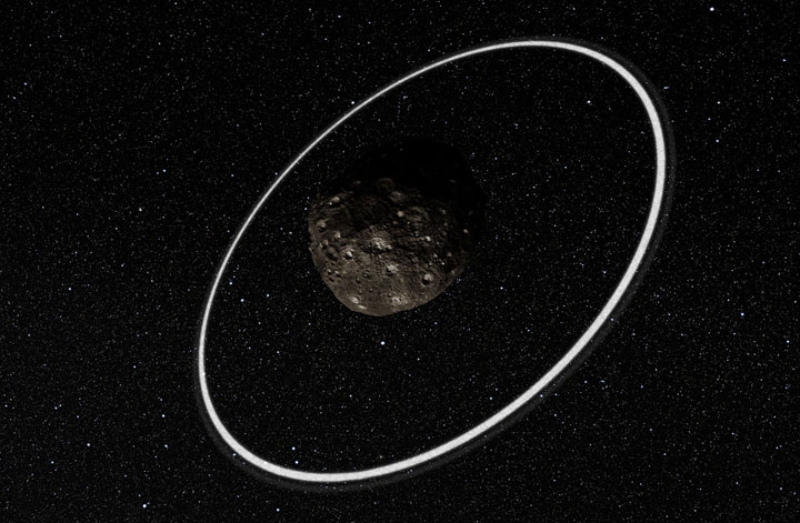 An artist’s impression of the asteroid Chariklo and its ring system. The 250-km–wide asteroid is the first known in our system to have rings.