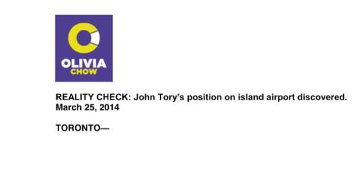A portion of Olivia Chow's press release criticizing John Tory's position on Billy Bishop Airport.