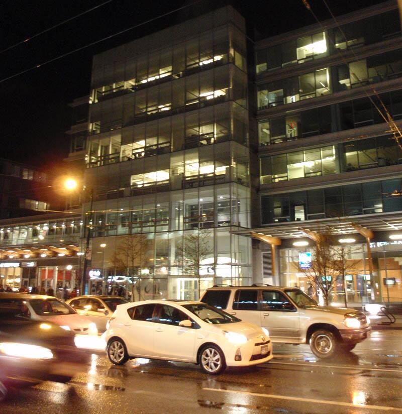 The home of the city's engineering department at the Crossroads development is pictured Saturday night during Earth Hour. 