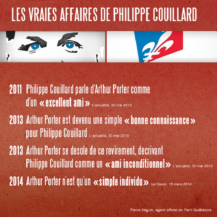 A Parti Quebecois social media ad outlining the distance Liberal leader Philippe Couillard has put between himself and Arthur Porter.