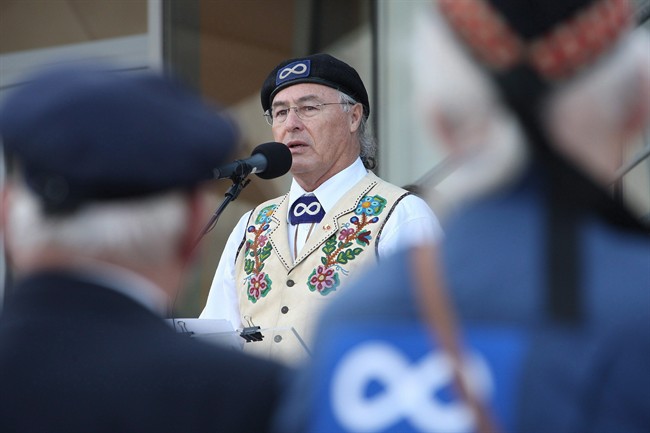 Clement Chartier, president of the Metis National Council, delivers his speech during Second World war ceremonies to honour Metis veterans, Wednesday Nov. 11, 2009 at Juno Beach Centre, near Caen, Normandy, northern France.