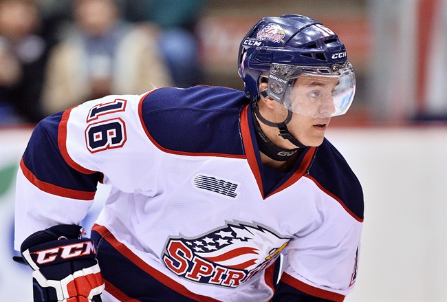 Saginaw Spirit's Terry Trafford skates in this undated handout photo. Media reports say a Canadian junior hockey player whose body was found in Michigan this week died from asphyxiation, which police believe to have been self-inflicted.