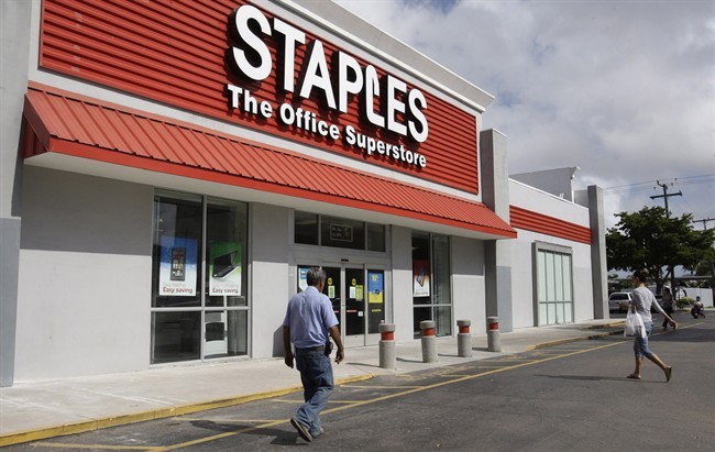 A Staples office supply store is photographed Nov. 15, 2011, in Miami. 