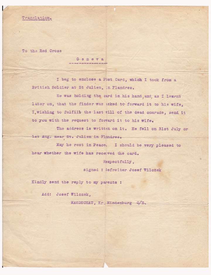 A translation of the letter sent by Gefreieter Josef Wilczek to the Red Cross.