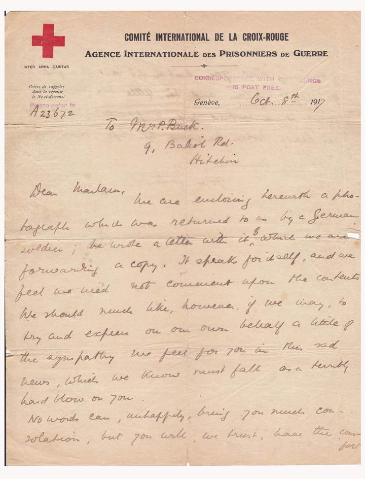 The letter sent by the Red Cross to Bertha Buck along with Private Buck’s photograph.