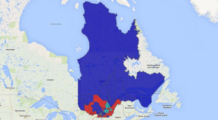 Map of Quebec showing provincial ridings held by parties in the run up to the election. 