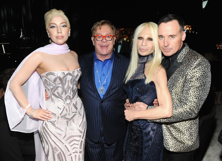 Lady Gaga, Elton John, Donatella Versace and David Furnish, pictured at the Elton John AIDS Foundation Academy Awards Party on March 2, 2014.