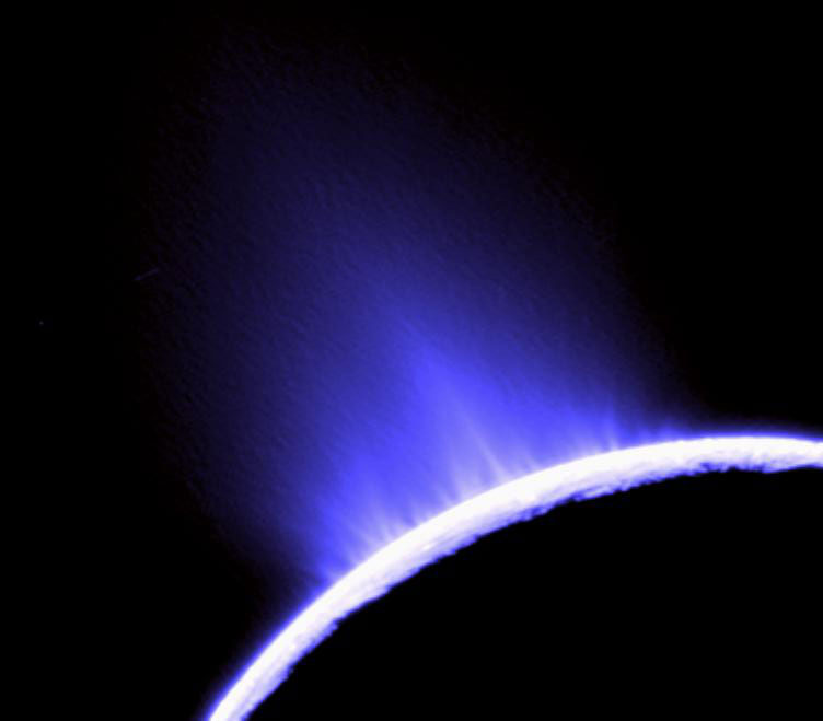 Another false-colour view of geysers erupting from Enceladus. The view was created to reveal subtleties in the brightness of the plume that holds several jets of ice particles.