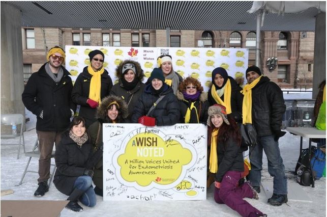 Canada's first EndoMarch on Mar. 13, 2014. The Endometriosis Network Canada gathers around its Wall of Wishes at Nathan Phillips Square in Toronto.