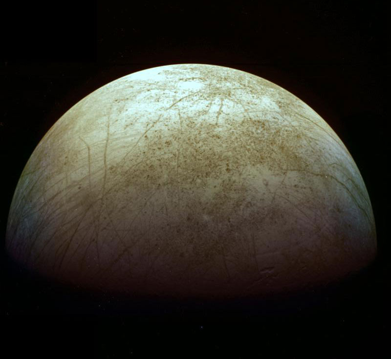 Could Jupiter's moon Europa, seen here, contain life?.