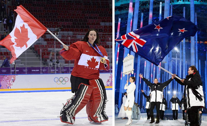 Canadian Olympic team hockey player Shannon Szabados (right) and New Zealand Olympic athlete Adam Hall display their nations' flags in Sochi, Russia in February 2014.

AFP (left) / Getty Images (right)
.