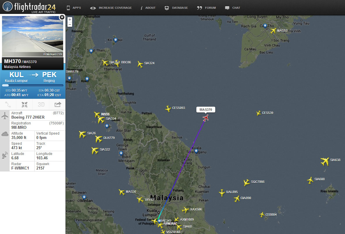 The last location of Malaysia Airlines flight MH370 as picked up by ADS-B flight tracking.