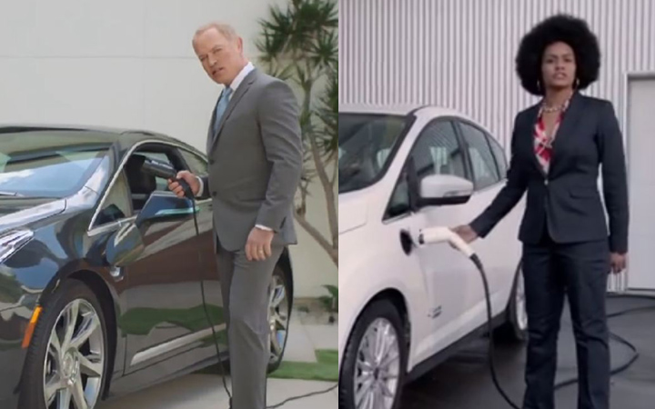 Neal McDonough in the ad for Cadillac's CLR luxury plug-in hybrid and Pashon Murray in the ad for Ford's C-MAX hybrid.
