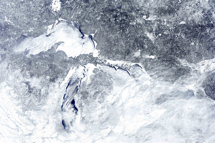 A Feb. 16, 2014 satellite image shows the ice cover on the Great Lakes.