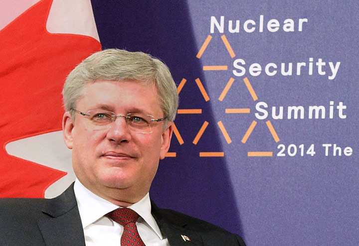 Prime Minister Stephen Harper takes part in a bilateral meeting at the Nuclear Security Summit in The Hague, Netherlands on Tuesday, March 25, 2014. 