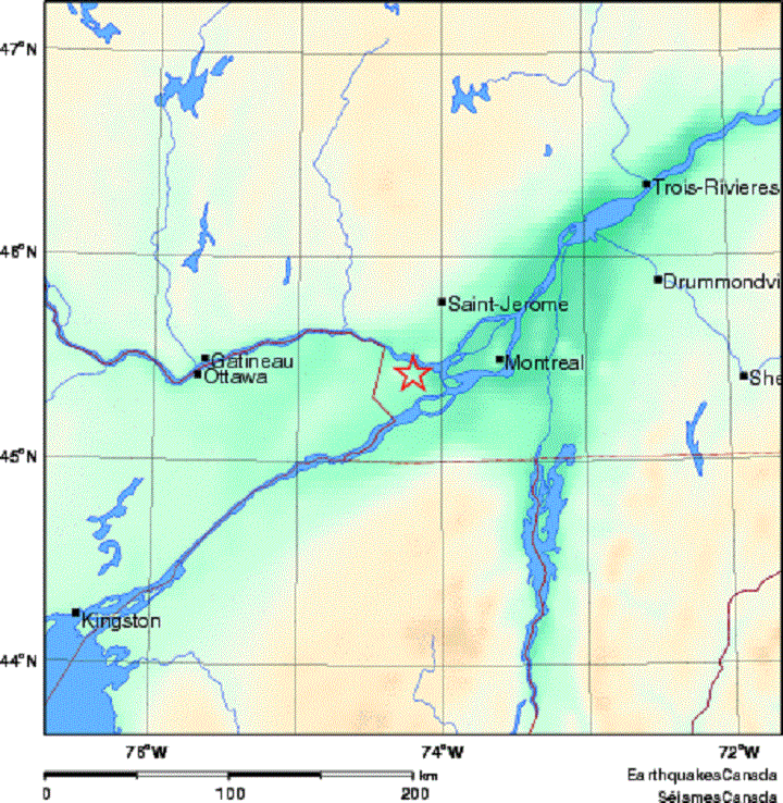 Environment Canada reported a mild earthquake near Hudson on March 25, 2014.