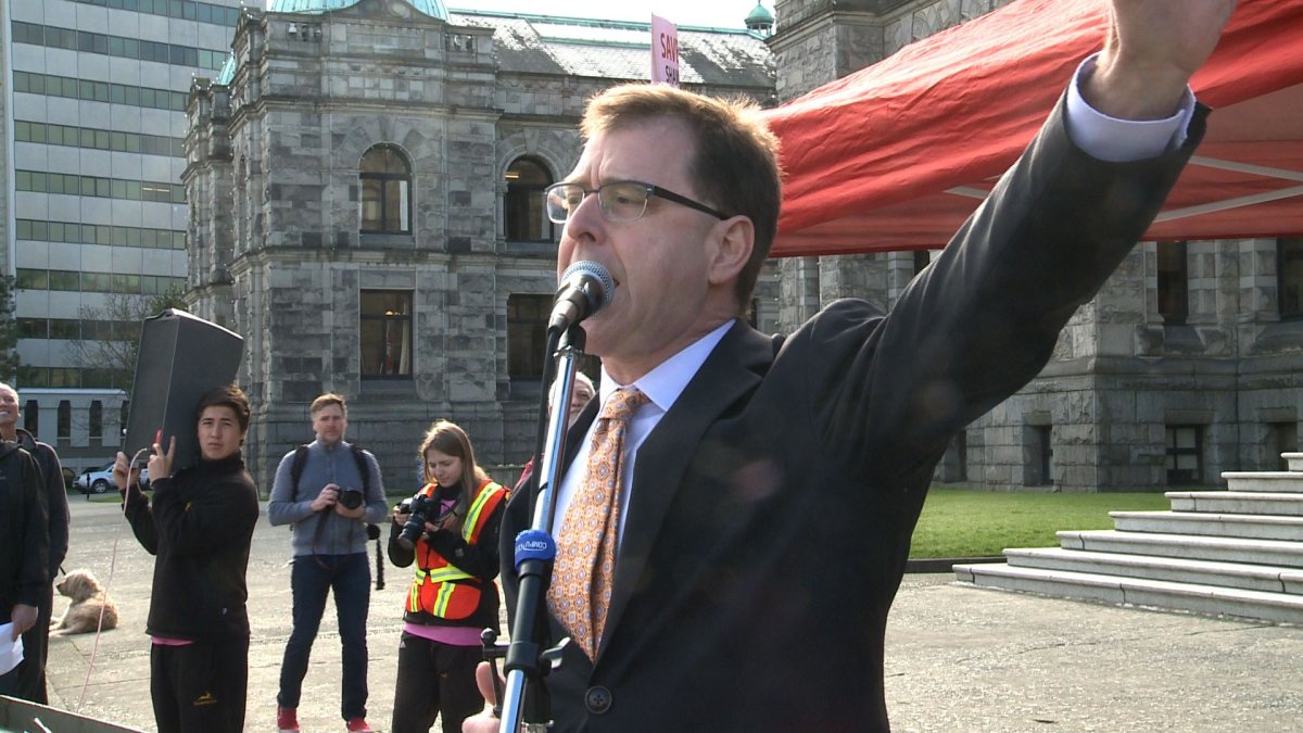 NDP leader Adrian Dix speaks at a rally protesting plans to turn a rock quarry near Shawnigan Lake into a dump site for contaminated soil.