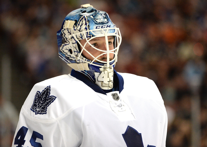 Portrait of Jonathan Bernier #45 of the Toronto Maple Leafs during the first period against the Anaheim Ducks at Honda Center on March 10, 2014