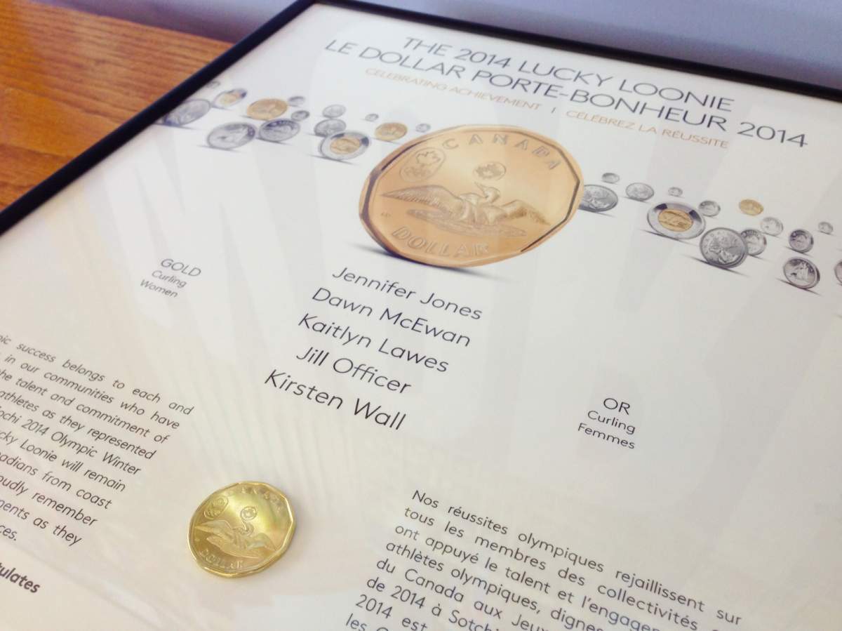 The Royal Canadian Mint gave the City of Winnipeg a special Lucky Loonie to recognize Team Jennifer Jones’ Olympic gold medal win.