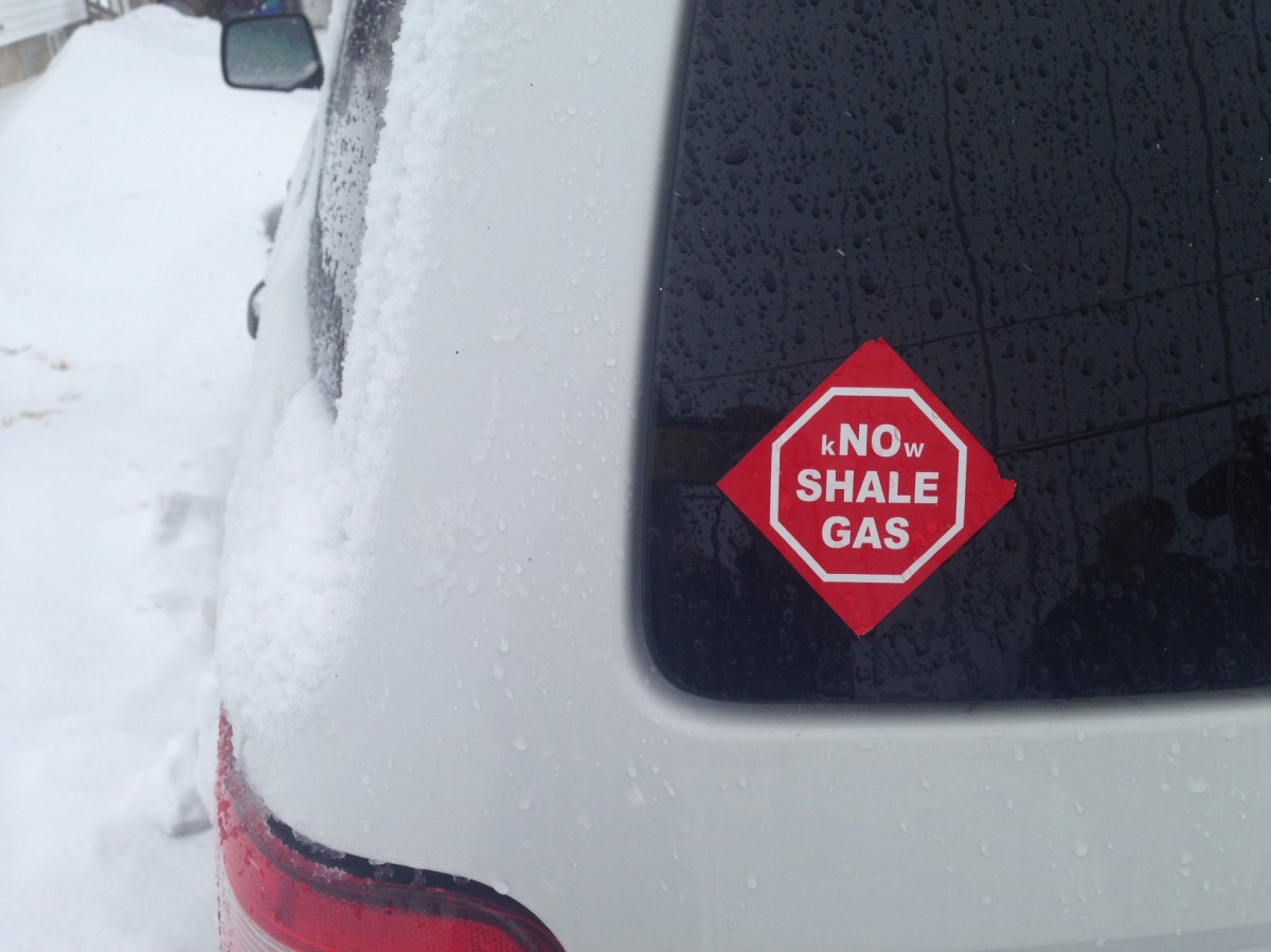 A sticker on a vehicle in Penniac, New Brunswick promotes the need to know more about the shale gas industry.