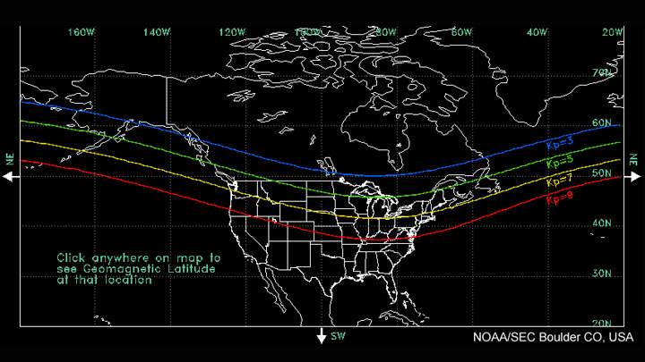 In order to view the northern lights, it’s best to be at higher geographic latitudes. This map from the Space Weather Prediction Center illustrates what the Kp Index — which measures geomagnetic activity — needs to be for optimal viewing of the aurora in northern latitudes.