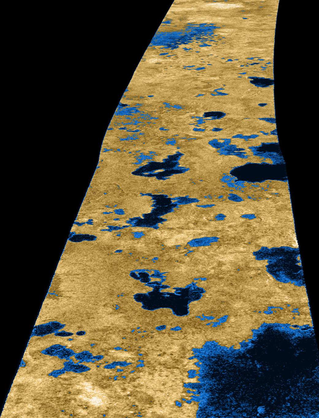 Radar image of lakes on Titan. The lakes are coloured blue in this image to highlight the methane lakes.